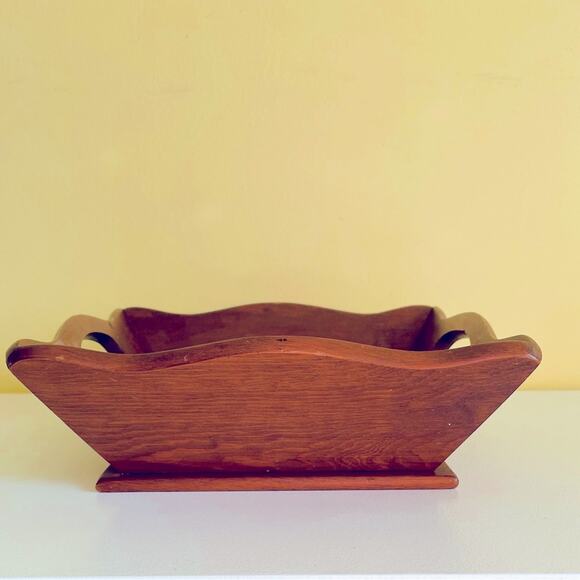 Vtg Mid Century Wood Square Fruit bread Bowl Centerpiece Decorative Handles - Picture 8 of 11